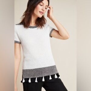 Anthropologie White Allen Sweater Tee with Black and White pom detail